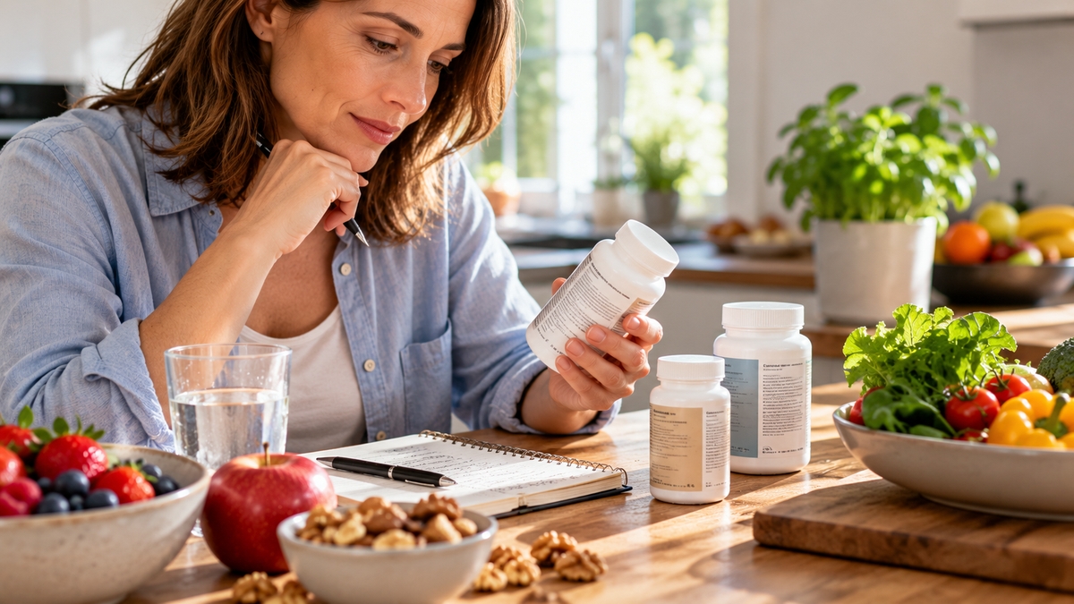 Nahrungsergänzungsmittel mit Vitaminen und Mineralstoffen neben ausgewogenen Lebensmitteln